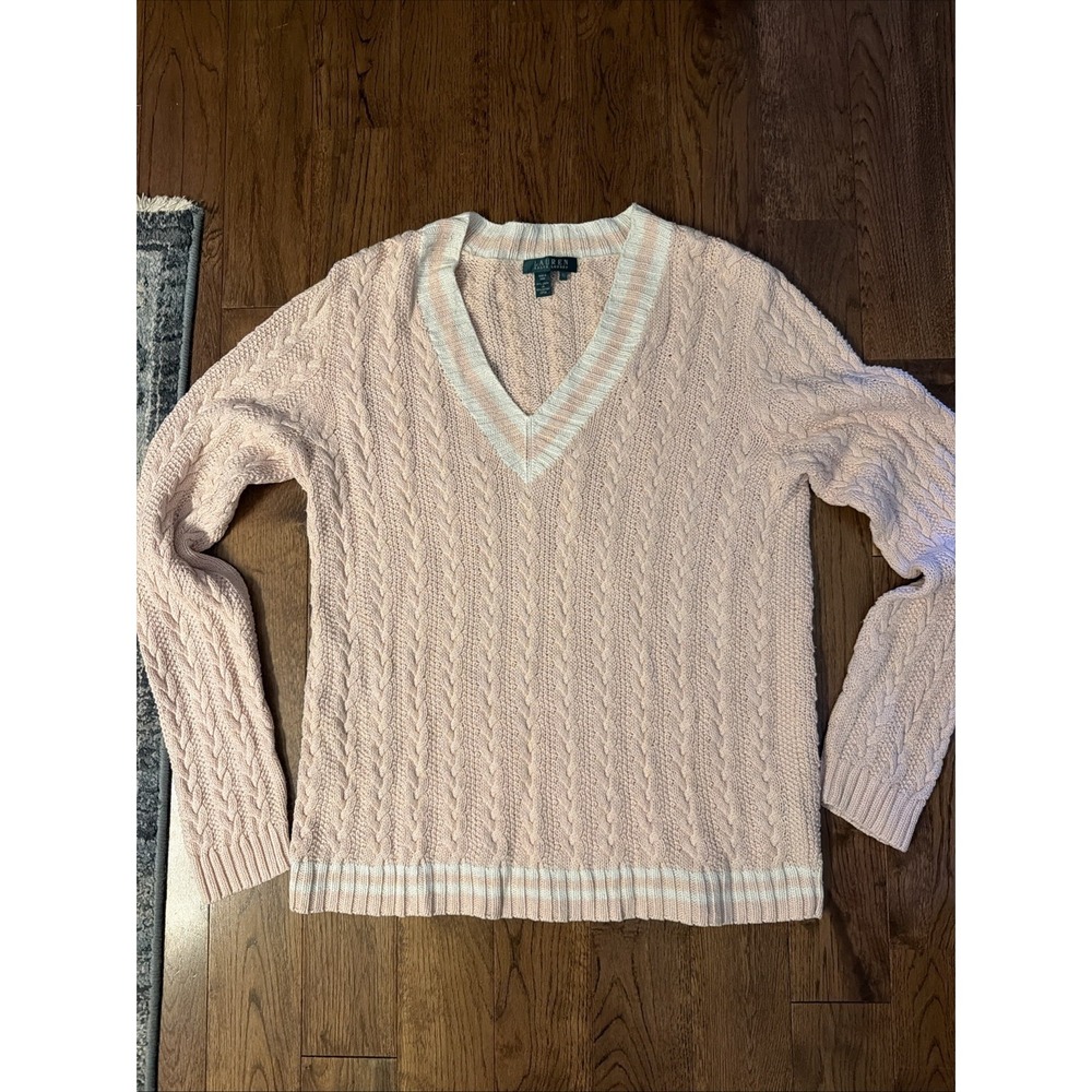 Lauren Ralph Lauren Sweater Linen Blend XLarge Blush Pink Cable Knit Preppy City